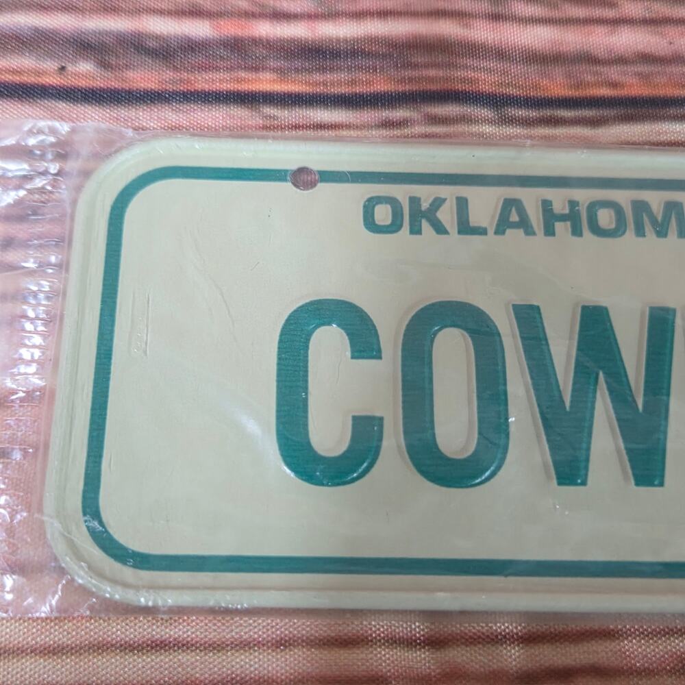 Vintage 1980s steel bicycle license plate mini Oklahoma sealed - Cowboy